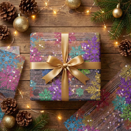 Papier Mousseline Rustic Wood Colorful Glitter Snowflakes Christmas