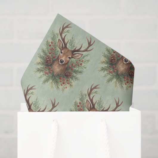 Papier Mousseline Rustic Woodland Deer Head with Winter Foliage -  (Sac cadeau)