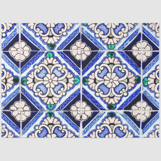 Papier Mousseline Rustique Azulejo Motif espagnol Carreaux Marine Bl (Recto)