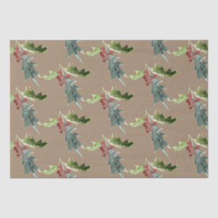 Papier Mousseline Rustique Kraft Noël Floral Holly Red Berries