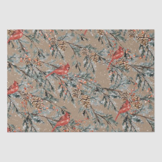 Papier Mousseline Rustique Kraft Red Cardinal Juniper Branches Berri (Recto)