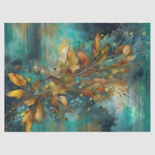 Papier Mousseline Rustique Turquoise automne Sprig feuille floral (Recto)