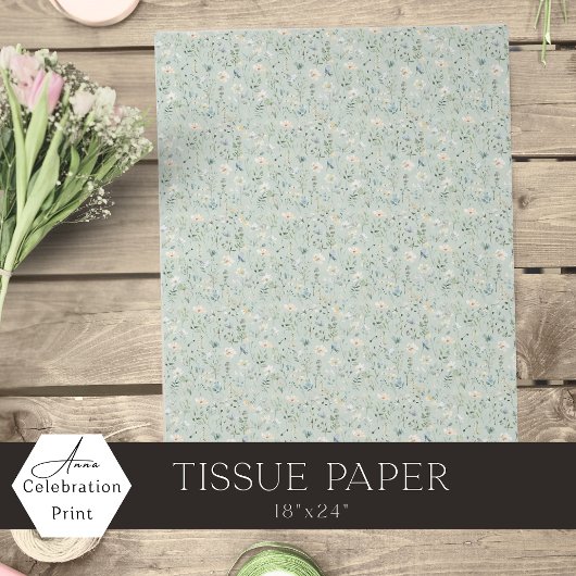 Papier Mousseline Sage Green Watercolor Small Wildflowers