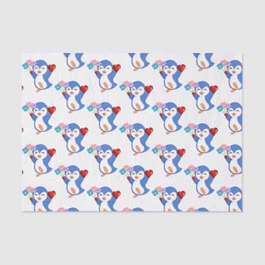 Papier Mousseline Saint Valentin Tissu Papier Penguin Coeurs (Recto)