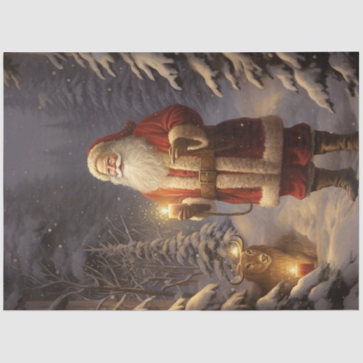 Papier Mousseline Santa Claus en forêt proche avec rennes et lumière (Recto)