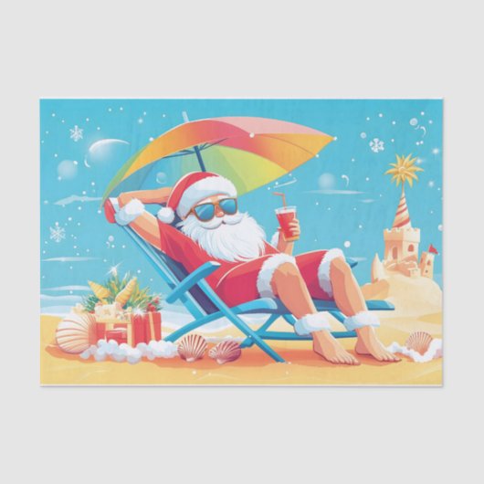 Papier Mousseline Santa Claus Se détendre sur une plage tropicale (Recto)
