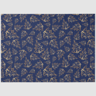 Papier Mousseline Sapins de Noël Élégants Bleu Marine et Or