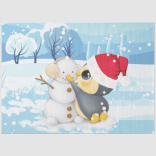 Papier Mousseline Scène D'Hiver Pingouin Et Snowman