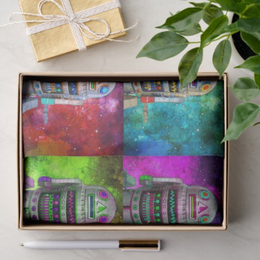 Papier Mousseline Sci fi toy robot rouge violet bleu vert galaxie (Cadeau)