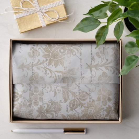 Papier Mousseline Script Damask Or antique (Cadeau)