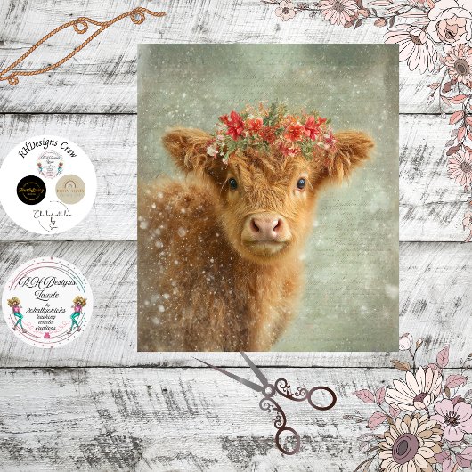 Papier Mousseline Script manuscrit de Decoupage Highland Calf Winter