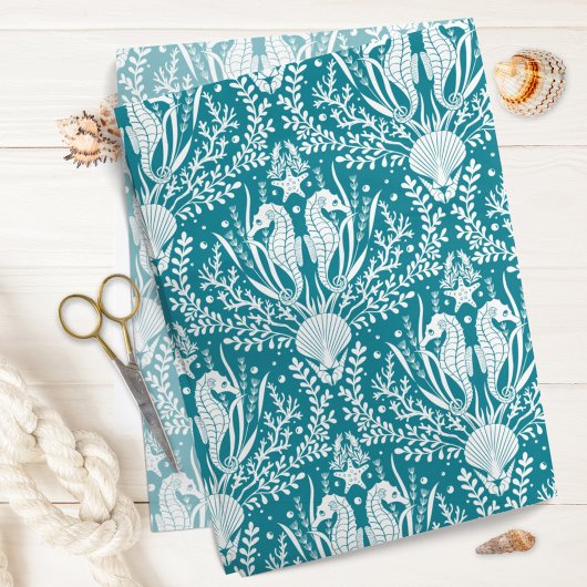 Papier Mousseline Seahores Ocean Sea Life Damask Pattern Turquoise B