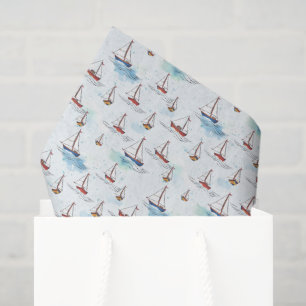 Papier Mousseline Serene Blue Red Voiliers Motif sur mer