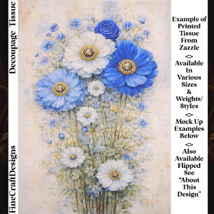 Papier Mousseline Shabby Chic Fleurs Mélange Bleu Ivoire FD7R Découp