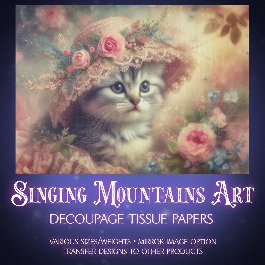 Papier Mousseline Shabby Chic Flower Garden Kitten Decoupage