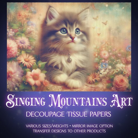 Papier Mousseline Shabby Chic Kitten Wildflower DIY Craft Decoupage