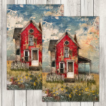 SHABBY RED RUSTIC HOUSE DÉCOUPAGE MÉDIA