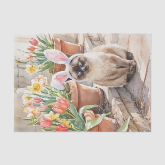 Papier Mousseline Siamese Bunny Cute Easter Cat with Tulips  (Recto)