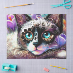 Papier Mousseline Siamese Kitty Chat Crocus Floral Purple Découpage