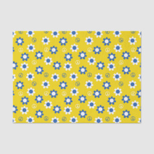 PAPIER MOUSSELINE SIGNES DE PAIX BLEUS JAUNE ET FLEURS