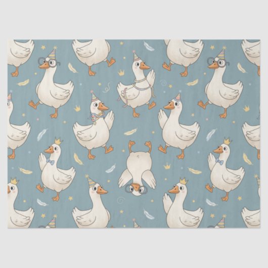 Papier Mousseline Silly Goose Party – Blue Background with Feathers (Recto)