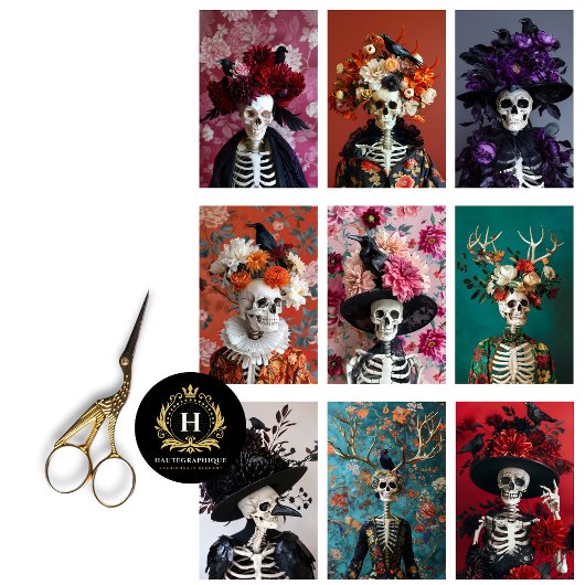 Papier Mousseline Skeleton gothique Skull Junk Journal Découpage