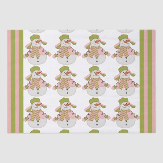 Papier Mousseline Snowman de Noël rose et vert (Recto)