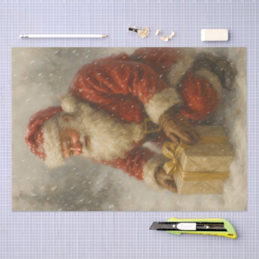 Papier Mousseline Snowy Santa With Gift Christmas Decoupage (Artisanat)