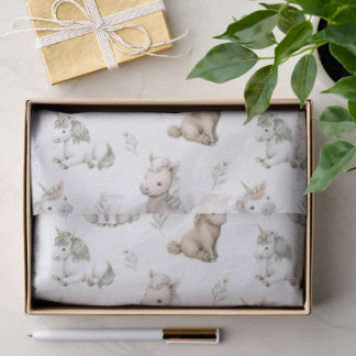 Papier Mousseline Soft Watercolor Unicorns and Flowers Pattern 