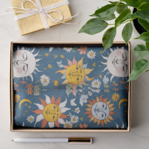 Papier Mousseline Soleil et Lune Floral en Bleus et Jaunes