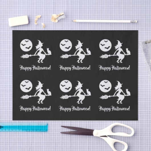 Papier Mousseline Sorcière Sur Un Broom Noir Et Blanc Joyeux Hallowe (Artisanat)