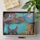 PAPIER MOUSSELINE SOUCHES AVEC CHAT NOIR EN TURQUOISE BLEUE (Cadeau)