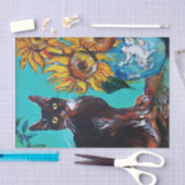 PAPIER MOUSSELINE SOUCHES AVEC CHAT NOIR EN TURQUOISE BLEUE (Artisanat)