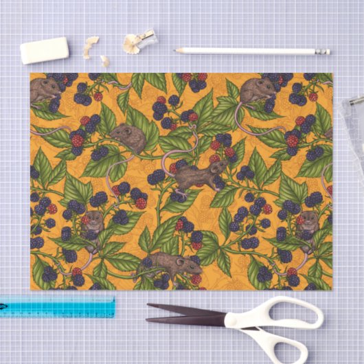 Papier Mousseline Souris et mûres sur jaune (Artisanat)