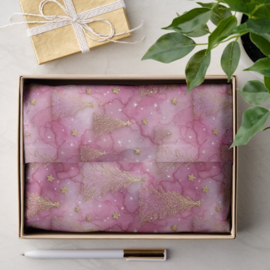 Papier Mousseline Sparkly Gold Holiday Tree on Pink (Cadeau)
