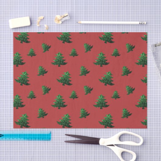 Papier Mousseline Sparkly sapin vert étincelle rouge motif (Artisanat)