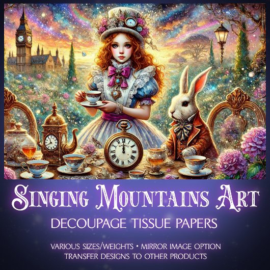 Papier Mousseline Steampunk Alice and White Rabbit Teatime Decoupage