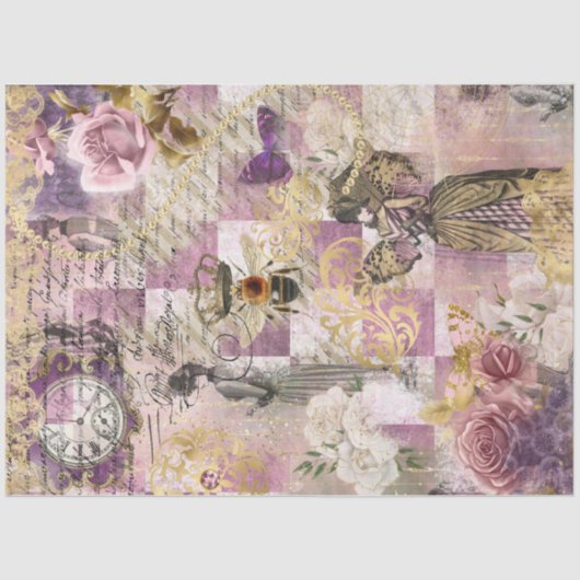 Papier Mousseline Steampunk Bee Victorian Woman Pink Checks Script (Recto)