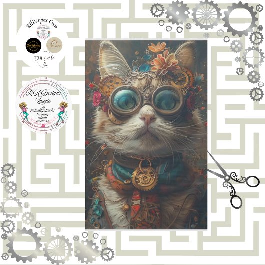Papier Mousseline Steampunk Cat Guardian Turquoise Découpage orange