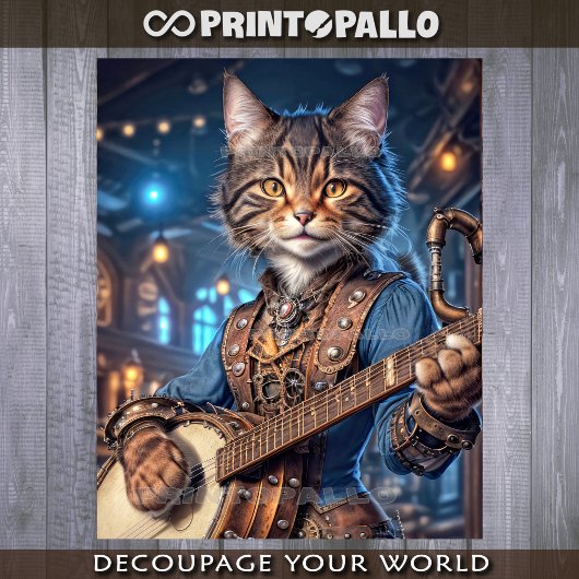 Papier Mousseline Steampunk chat femelle jouant au banjo -