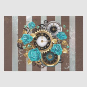 Papier Mousseline Steampunk Clock and Turquoise Roses on Striped