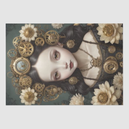 Papier Mousseline Steampunk Fille en fleurs - Découpage - (Recto)