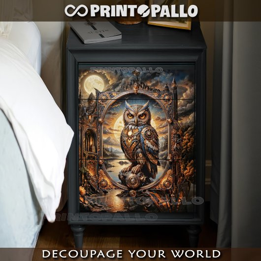 Papier Mousseline Steampunk Owl in apocalittic steampunk sunset
