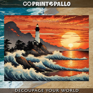 Papier Mousseline style de vagues Hokusai avec phare côtier