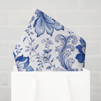 Papier Mousseline Style Delft Bleu Blanc Fleurs Fantaisie Caprice