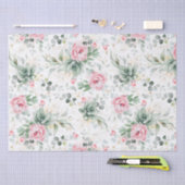 Papier Mousseline Succulentes verdure et fleurs roses botaniques (Artisanat)