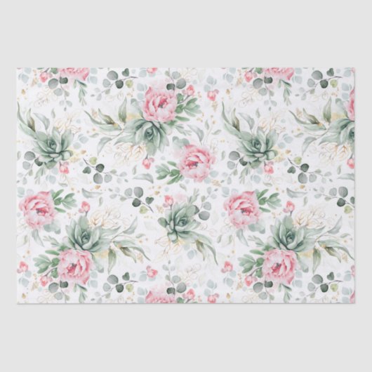 Papier Mousseline Succulentes verdure et fleurs roses botaniques (Recto)