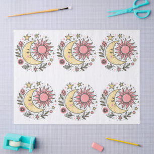 Papier Mousseline Sun Moon Stars Floral rose Jaune Découpage