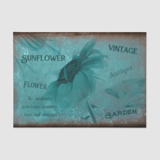 Papier Mousseline Sunflower Bleu Turquoise Antique Script Vintage