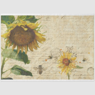 Papier Mousseline Sunflower w Bees Script Ephemera Découpage Vintage